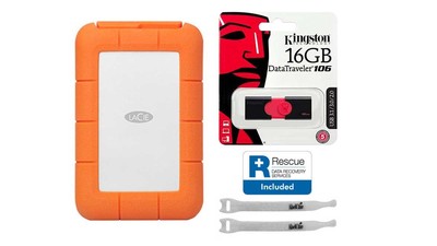 LaCie Rugged USB 3.1-C with Rescue - 1TB with Kingston 16GB Flash Drive and AbelCine Cable Tie