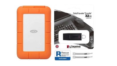 LaCie Rugged USB 3.1-C with Rescue - 4TB with Kingston 32GB Flash Drive and AbelCine Cable Tie