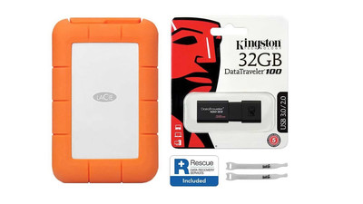 LaCie Rugged USB 3.1-C with Rescue - 2TB with Kingston 32GB Flash Drive and AbelCine Cable Tie